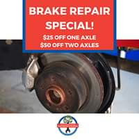 We’re currently offering a brake special! Enjoy $25 off one axle or $50 off two…